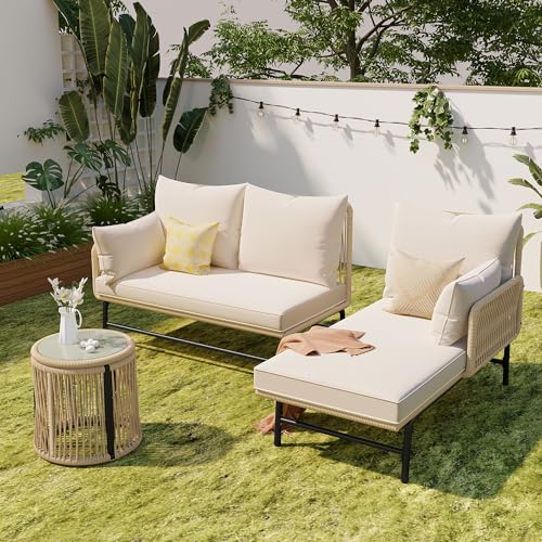 Moimhear Gartenmöbel-Set, Gartenlounge-Set, Gartenlounge mit Eisengestell und beigem Seilbezug, Gartenmöbel aus gewebtem Seil für den Außenbereich mit Tisch von Moimhear