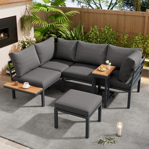 Moimhear Gartenmöbel Set, Sofa + Beistelltisch + Couchtisch (kann als Fußhocker verwendet Werden), Tischplatte aus Kunststoffholz,grau + schwarz von Moimhear