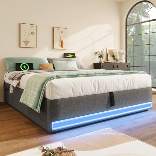 Moimhear Gepolstertes Bett, ferngesteuerte LED-Lichtleiste, USB- und Typ-C-Anschlüsse, kleine Aufbewahrungstasche, kein Kopfteildesign, Keine Matratze (Grau, 140x200cm) von Moimhear