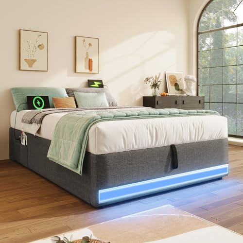 Moimhear Gepolstertes Bett, ferngesteuerte LED-Lichtleiste, USB- und Typ-C-Anschlüsse, kleine Aufbewahrungstasche, kein Kopfteildesign, Keine Matratze (Grau, 90x200cm) von Moimhear