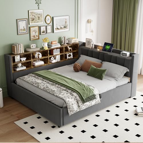 Moimhear Gepolstertes Schlafsofa mit hydraulischem Stauraum, mit Nachtlicht, USB- und Typ-C-Ladeanschlüssen, mit Regalen und Ablagefächern, Samtstoff (Dunkelgrau, 1400x200cm) von Moimhear