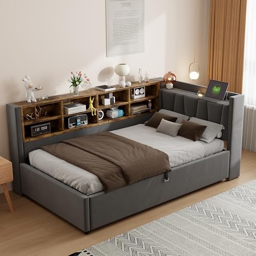 Moimhear Gepolstertes Schlafsofa mit hydraulischem Stauraum, mit Nachtlicht, USB- und Typ-C-Ladeanschlüssen, mit Regalen und Ablagefächern, Samtstoff (Dunkelgrau, 90x200cm) von Moimhear
