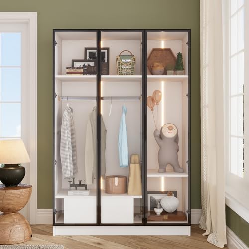 Moimhear Geräumiger weißer Kleiderschrank mit 3 Glastüren, 1 Schublade und 1 Kleiderstange - 110x50x160cm - mit LED-Licht von Moimhear