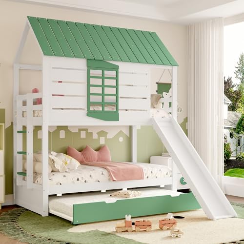 Moimhear Haus-Etagenbett 90x200cm mit Rutsche & Ausziehbett - Baumhausbett mit Rutschbahn und Gästebett, Weiß+Grün (Ohne Matratze) von Moimhear
