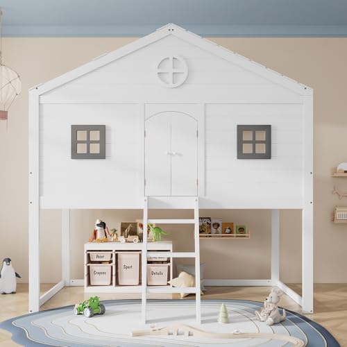 Moimhear Hausbett mit Zwei FENSTERN & Treppe • EN 747 Geprüftes Hochbett 90x200 cm • Kinderbett mit Fallschutz-Gitter & Grauen Fenstern • Sicherheitsbett mit Stauraum • Weiß+Grau Moimhear Hausbett mit Zwei FENSTERN & Treppe • EN 747 Geprüftes Hochbett 90x200 cm • Kinderbett mit Fallschutz-Gitter & Grauen Fenstern • Sicherheitsbett mit Stauraum • Weiß+Grau von Moimhear