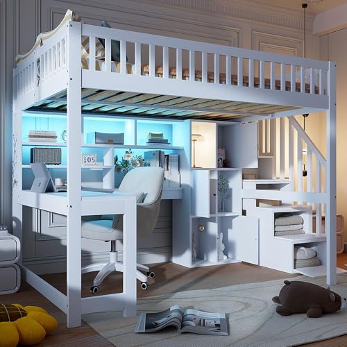 Moimhear Hochbett, 140x200cm, Mit LED-Leuchten, Kiefernholz+MDF+Plywood, Ablageleiter, Regale, Ablagefächer, Schreibtisch, ohne Matratze (Weiß) von Moimhear