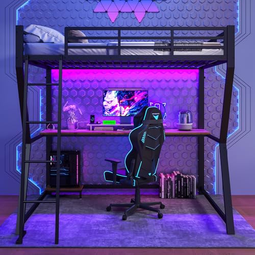 Moimhear Hochbett, Eisenbett, 140x200cm, Mit LED-Leuchten, Computerkonsolenablage, Schreibtisch, USB, Geländer, Treppe, ohne Matratze (Schwarz) von Moimhear