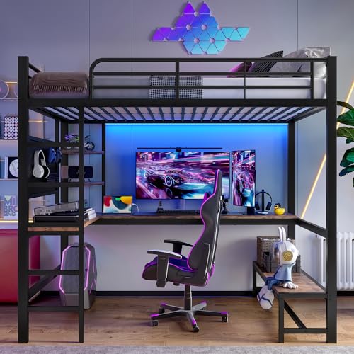 Moimhear Hochbett, Eisenrahmen, Schreibtisch, Geländer, Trittleiter, mehrere Ablagen, mit USB+Type-c Steckdose, mit LED Leiste, mit Lochbrett, ohne Matratze (schwarz, 90 x 200cm) von Moimhear