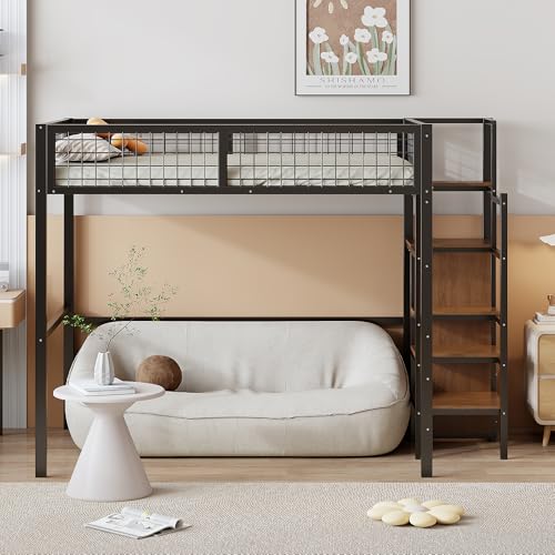 Moimhear Hochbett 140 * 200 mit Leiter, Kinderbett mit Eisenrahmen und Aufbewahrungsregal, Kleiderschrank,Jugendbett, Erwachsenenbett (schwarz) von Moimhear