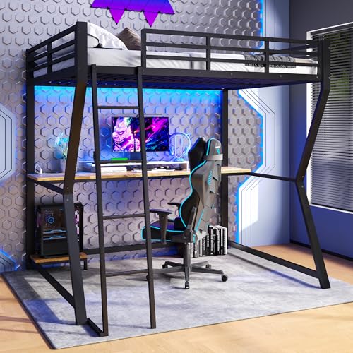 Moimhear Hochbett 140x200 cm mit Schreibtisch und LED-Beleuchtung – Loftbett mit Arbeitszone, Steckdose, USB-Anschluss, Treppe & Geländer, ohne Matratze (Schwarz) von Moimhear