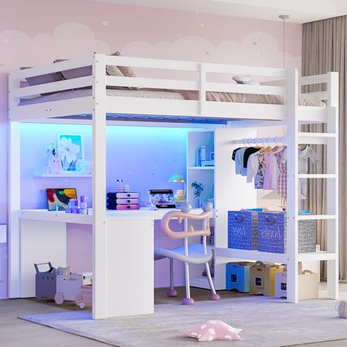 Moimhear Hochbett 140x200cm mit Schreibtisch & LED-Beleuchtung - Multifunktionsbett mit USB-Ladestation, Regalen und Kleiderschrank, Kiefernholz, Weiß (Ohne Matratze) (Weiß) von Moimhear