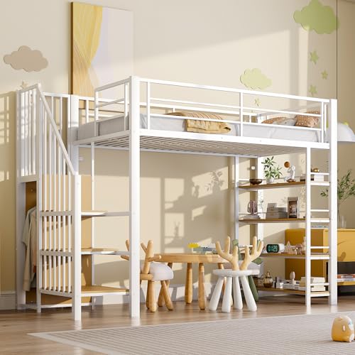 Moimhear Hochbett 90 * 200, mit Sicherheitstreppe, Stauraum und kleinem Kleiderschrank, Einlegeböden, hohes Zaundesign, Einzelbett, Jugendbett (Weiß) von Moimhear