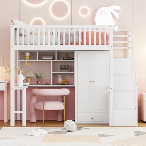 Moimhear Hochbett 90 x 200 mit großem Kleiderschrank Regal und Tisch, Stauraum Treppe Mehrzweckbetteinheit Holzbettgestell (weiß) von Moimhear
