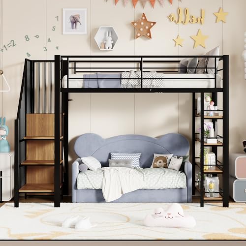 Moimhear Hochbett 90x200cm, mit Sicherheitstreppe, Stauraum und kleinem Kleiderschrank, Einlegeböden, hohes Zaundesign, Einzelbett, Jugendbett (Schwarz) von Moimhear