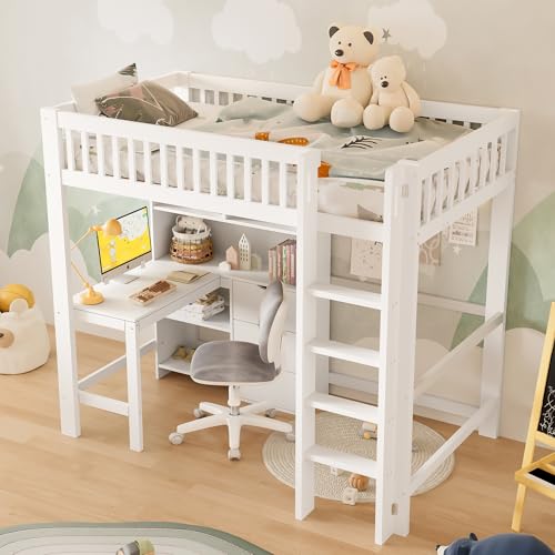Moimhear Hochbett 90x200cm mit Schreibtisch & Schubladen - Hochbett mit 3 Schubladen, Ablagefächern und Leiter, Kiefernholz, Weiß (Ohne Matratze) (90x200 cm) von Moimhear