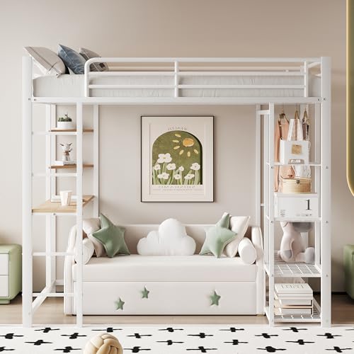 Moimhear Hochbett mit Leiter 90x200cm, Einzelbett Kinderbett mit Tisch mit einfacher Aufhängung mit Ablagefächern, Weiß von Moimhear