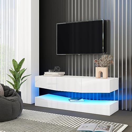 Moimhear Hochglanz Hängend TV, 180x40x34cm, Stand TV Schank mit LED-Beleuchtung TV Schrank Hängend Wand befestigter schwimmender TV-Ständer (Weiß) von Moimhear