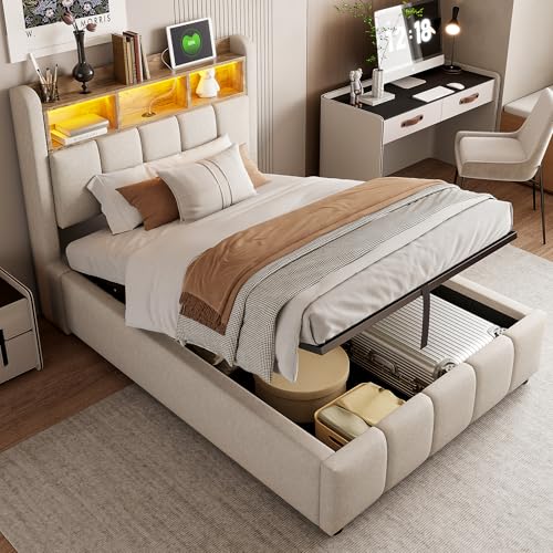 Moimhear Hydraulisch gepolstertes Bett mit Lichtleiste, USB-Anschluss, Kopfteil, Regalen und Stauraum, Leinengrau. Matratze Nicht enthalten. (Beige, 90 * 200cm) von Moimhear
