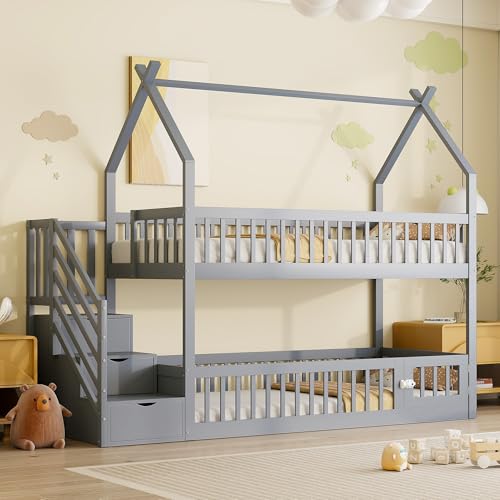 Moimhear Kinder-Etagenbett Massivholzbett mit Dach, Sicherheitstreppe und Stauraumschubladen, Stauraum Kinderbett Einzelbett (Grau, 90x200cm, Stil 2) von Moimhear