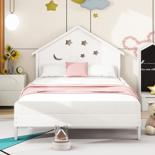 Moimhear Kinderbett, 90 * 200 cm, Einzelmassivholzbett, Stern-Mond-Muster, Hochbettdesign (weiß) von Moimhear