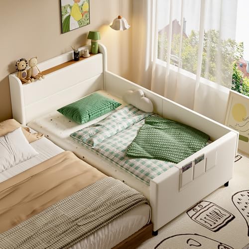 Moimhear Kinderbett, Polsterbett, Schlafsofa mit Metallbettrahmen, Nachttisch mit Falttüren, Bettrahmen mit Stauraum, 3 kleine Ablagefächer, PU+MDF+Sperrholz Moimhear Kinderbett, Polsterbett, Schlafsofa mit Metallbettrahmen, Nachttisch mit Falttüren, Bettrahmen mit Stauraum, 3 kleine Ablagefächer, PU+MDF+Sperrholz von Moimhear
