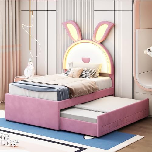 Moimhear Kinderbett 90x200 cm Polsterbett Mit LED, Samtstoff Multifunktionales gepolstertes Einzelbett-Schlafsofa mit ausziehbarem Bett, Stauraumschublade (Rosa) von Moimhear