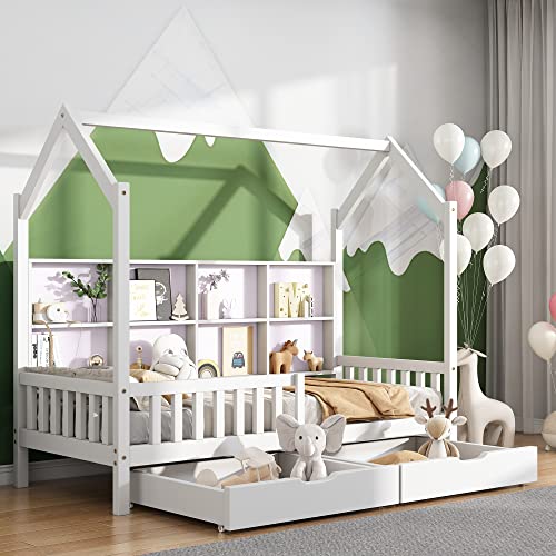 Moimhear Kinderbett Hausbett mit Schornstein 90 x 200 cm, Kiefernholz Haus Bett for Kids (Weiß+2 Schubladen+Ablageregal) von Moimhear