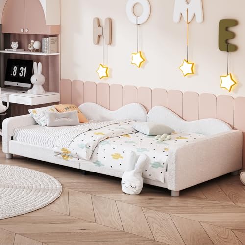 Moimhear Kinderbett Polsterbett 90 * 200cm, Schlafsofa Bettgestell Teddystoff Multifunktionales weiches Bett mit Rückenlehne und Armlehnen Jugendbett Gästebett (White) von Moimhear