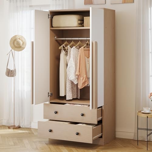 Moimhear Kleiderschrank 70x40x170cm, Doppeltüren-Design, mit Schubladen und Ablagefächern, holzfarbe+weiß von Moimhear