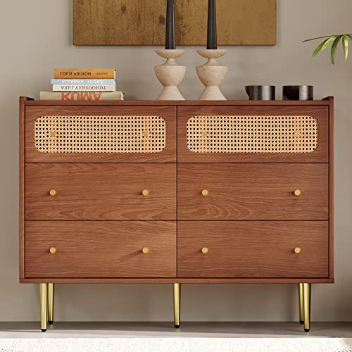 Moimhear Kommode Kommode mit 6 Schubladen, Rattan-Sideboard, Hochschränke für Schlafzimmer und alle Wohnzimmer, Walnuss (120X40X90CM) von Moimhear