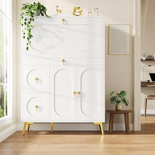 Moimhear Küchenschrank 100×50×140cm, Lebensmittelschrank, Essschrank für Küche, Esszimmer und Wohnzimmer mit Falttüren, multifunktionaler Stauraum, weiß+Gold von Moimhear