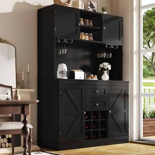 Moimhear Küchenschrank mit verstellbaren Ablagen & Weinregal, Hochschrank Küchenbuffet mit 4 Türen & 2 Schubladen, Buffetschrank (Schwarz, 120x40x188cm) von Moimhear