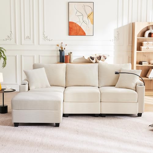 Moimhear L-Form Ecksofa 3-Sitzer mit USB-Ladestation& Hocker - Umwandelbares Cord Sofa mit Getränkehalter, Stauraum und 2 Kissen für Wohnzimmer (214cm) (Beige) von Moimhear