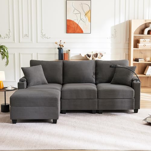Moimhear L-Form Ecksofa 3-Sitzer mit USB-Ladestation& Hocker - Umwandelbares Cord Sofa mit Getränkehalter, Stauraum und 2 Kissen für Wohnzimmer (214cm) (Dark Gray) von Moimhear