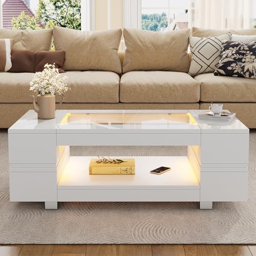 Moimhear LED-Couchtisch mit Bluetooth-App-Steuerung, 100x50x35cm, doppelschichtiger Hochglanz-Hohldesigntisch, geeignet für Partys, Büros, Wohnzimmer (Weiß) von Moimhear