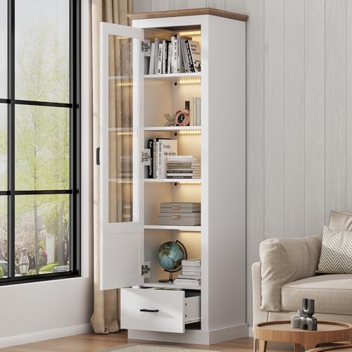 Moimhear LED Vitrine, Weiß, 50x35x178cm, mit USB-Anschluss, 16 Farben Fernbedienung, mit Holzdekor, Hochschrank mit Schublade, MDF, 5 Fächer Display Schrank Moimhear LED Vitrine, Weiß, 50x35x178cm, mit USB-Anschluss, 16 Farben Fernbedienung, mit Holzdekor, Hochschrank mit Schublade, MDF, 5 Fächer Display Schrank von Moimhear