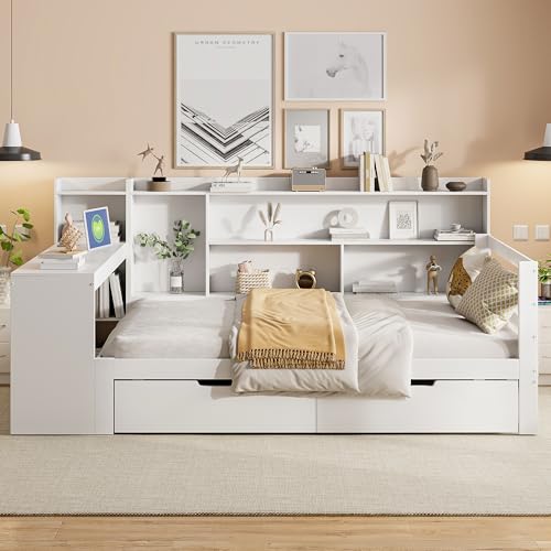 Moimhear Massivholz-Schlafsofa, 90x200cm, mit Schreibtisch, Bücherregal, Staufächern und Ablageflächen, mit Steckdose, mit 2 großen Staufächern (Weiß) von Moimhear