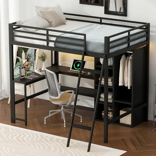Moimhear Metall-Hochbett 140x200cm mit Schreibtisch & Treppe - Hochbett mit USB-Ladestation, LED-Beleuchtung und Staufächern, Schwarz (Ohne Matratze) von Moimhear