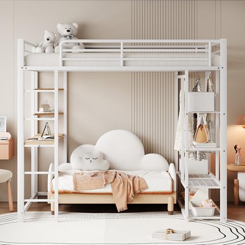 Moimhear Metall-Hochbett mit Leiter 140 * 200 cm, Juniorbett Doppelbett mit Tisch mit einfachen Kleiderbügeln mit Ablagefächern (Weiß) von Moimhear