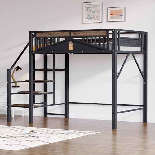 Moimhear Metall-Hochbett mit Sicherheitszaun mit Fenstern, inklusive Sicherheitsleiter und Platz unter dem Bett für eine kostenlose Stoffabdeckung (Schwarz, 140x200cm) von Moimhear