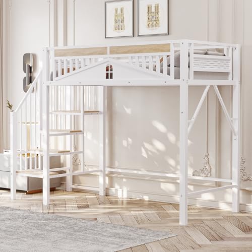 Moimhear Metall-Hochbett mit Sicherheitszaun mit Fenstern, inklusive Sicherheitsleiter und Platz unter dem Bett für eine kostenlose Stoffabdeckung (Weiß, 90x200cm) von Moimhear