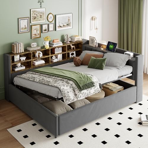 Moimhear Multifunktionales Schlafsofa mit hydraulischem Stauraum, ausgestattet mit Nachtlicht, USB- und Typ-C-Ladeanschlüssen, mit Regalen und Ablagefächern, Samtstoff (Dunkelgrau, 140 * 200 cm) von Moimhear