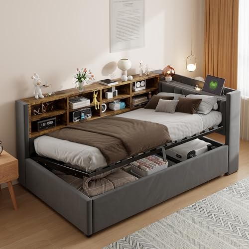 Moimhear Multifunktionales Schlafsofa mit hydraulischem Stauraum, ausgestattet mit Nachtlicht, USB- und Typ-C-Ladeanschlüssen, mit Regalen und Ablagefächern, Samtstoff (Dunkelgrau, 90 * 200 cm) von Moimhear
