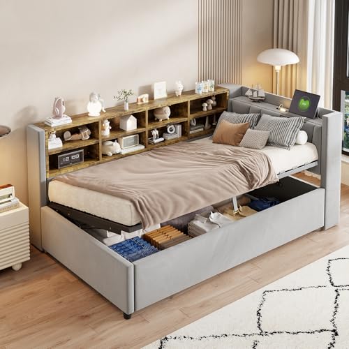 Moimhear Multifunktionales Schlafsofa mit hydraulischem Stauraum, ausgestattet mit Nachtlicht, USB- und Typ-C-Ladeanschlüssen, mit Regalen und Ablagefächern, Samtstoff (Hellgrau, 90 * 200 cm) von Moimhear