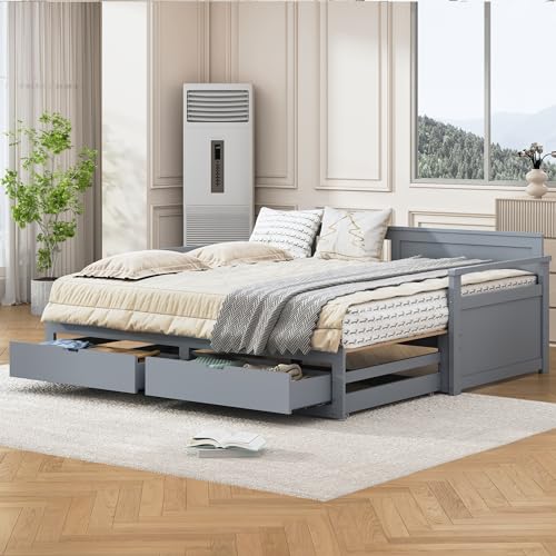 Moimhear Multifunktionales Zwei-in-Eins-Tagesbett mit Kiefernbett, Schubladen und Ausziehbett (Grau) von Moimhear