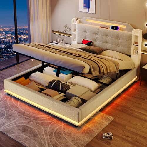 Moimhear Polsterbett, 140x200cm, Mit LED-Lichtleiste, hydraulischer Stauraum, mehrere Ablagefächer, ohne Matratze, USB + Type-C, Leinen (Beige) von Moimhear