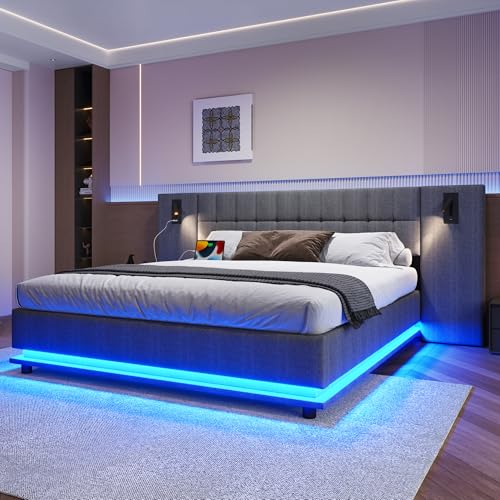 Moimhear Polsterbett, 180x200cm, mit LED-Leiste, Kopfteil mit Spot, mit USB, Mit Lattenrost, ohne Matratze, Leinen (Grau) von Moimhear
