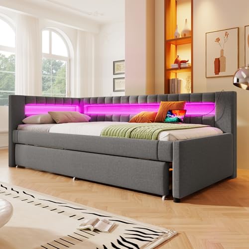 Moimhear Polsterbett, Bett mit LED-Fernbedienungslichtleiste am Bettende, Bett mit Ausziehbett ohne Matratze, USB + Type-C, Leinen (Grau, 90x200cm) von Moimhear