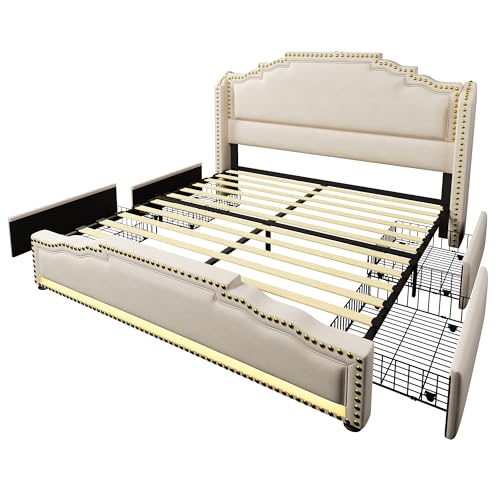 Moimhear Polsterbett, Doppelbett mit 4 Schubladen, Stimmungsbeleuchtung und Stimmungsladeanschluss, Stauraumbett und Jugendbett mit Lattenrost, Samt, ohne Matratze (Beige, 160cm*200cm) von Moimhear