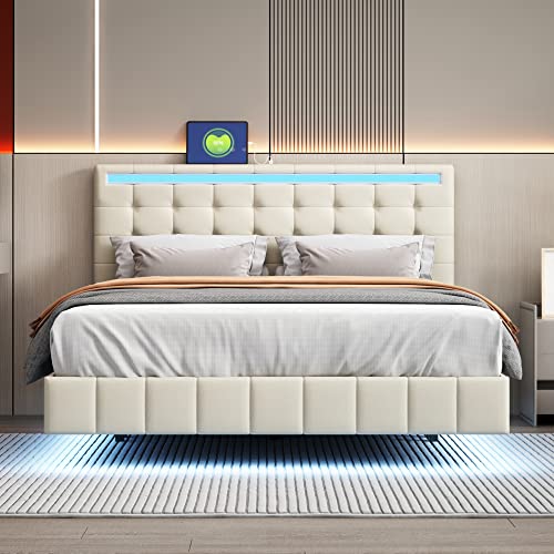 Moimhear Polsterbett, gepolsterter Schwebebettrahmen mit LED-Leuchten und Kopfteildesign, flächiges Doppelbett-Gästebett in hautfreundlichem Leinen (Beige, 140x200cm) von Moimhear